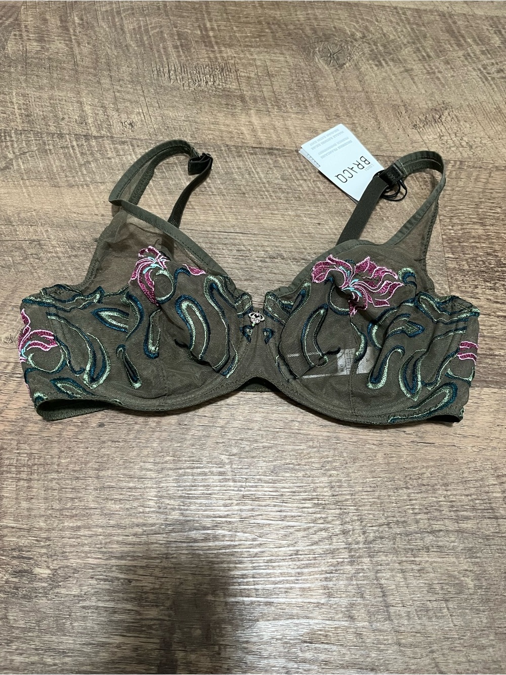 Louisa Bracq Olive Embroidered Underwire Bra with Pink Floral Accents